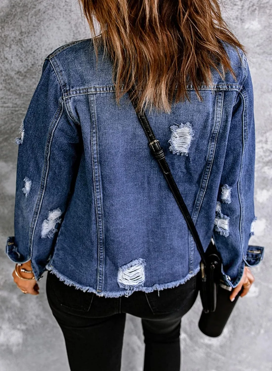 Sidefeel Women's Denim Jacket Long Sleeve Button Distressed Ripped Zimbaplatinum Jean Coat