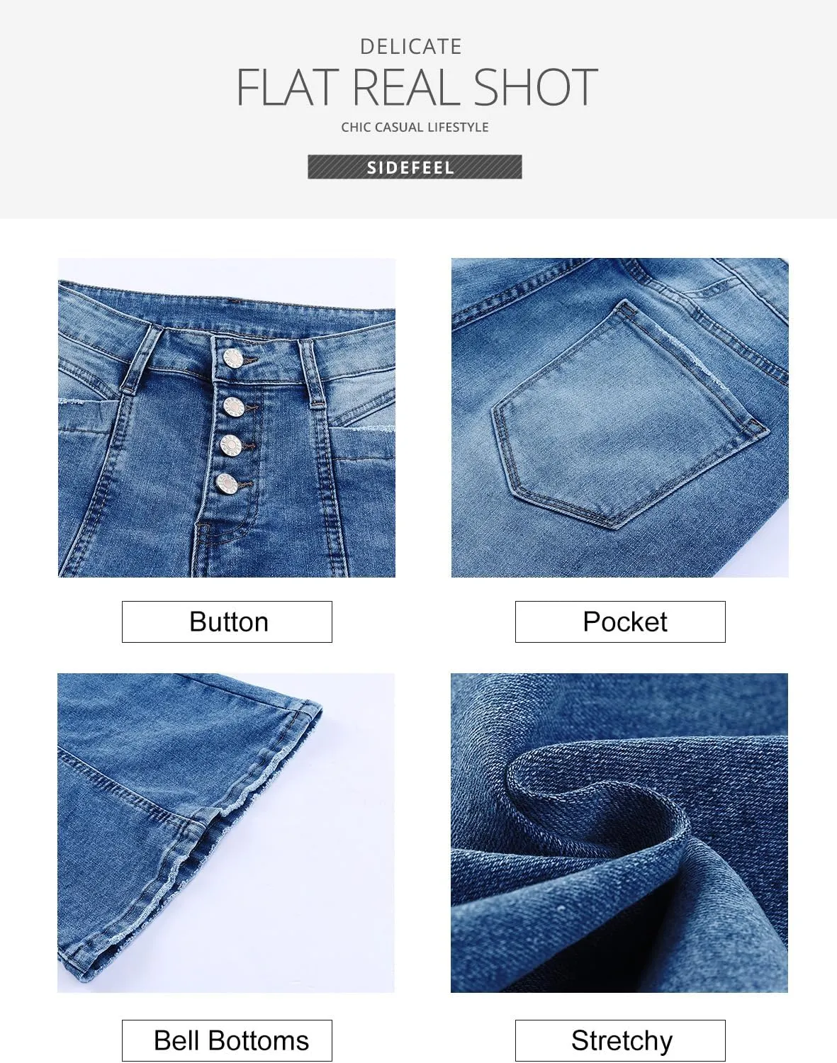 Sidefeel Women's High Waisted Jeans Wide Leg Button Fly Bell Bottoms Flared Zimbaplatinum Denim Pants