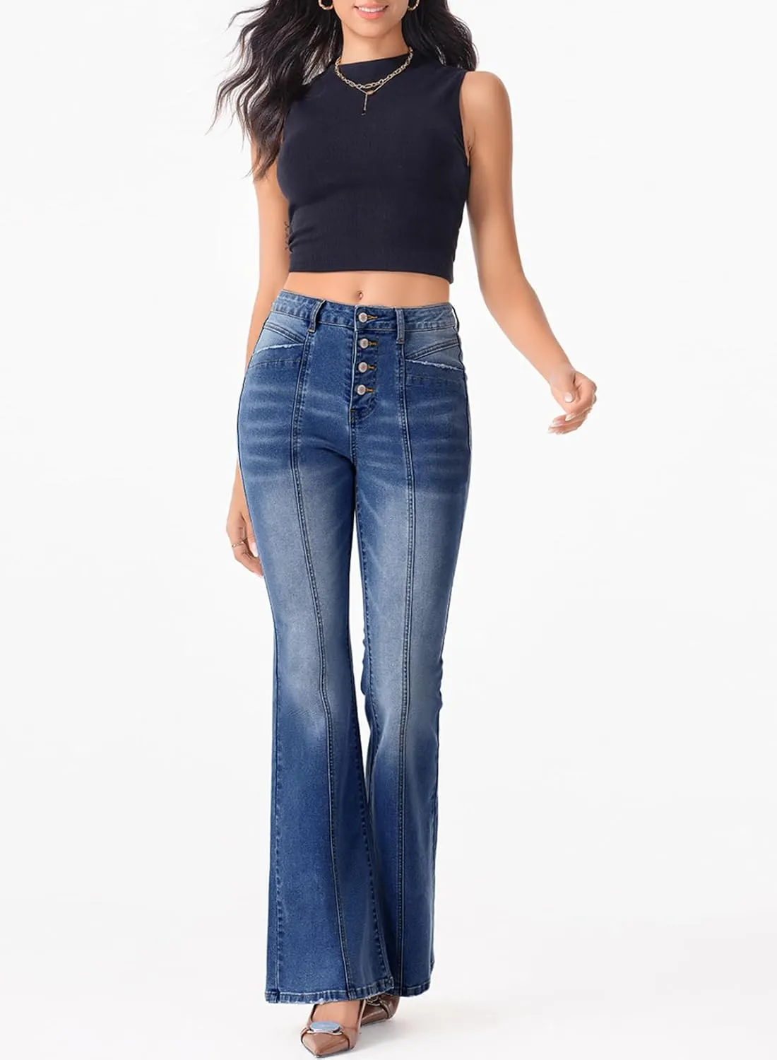 Sidefeel Women's High Waisted Jeans Wide Leg Button Fly Bell Bottoms Flared Zimbaplatinum Denim Pants