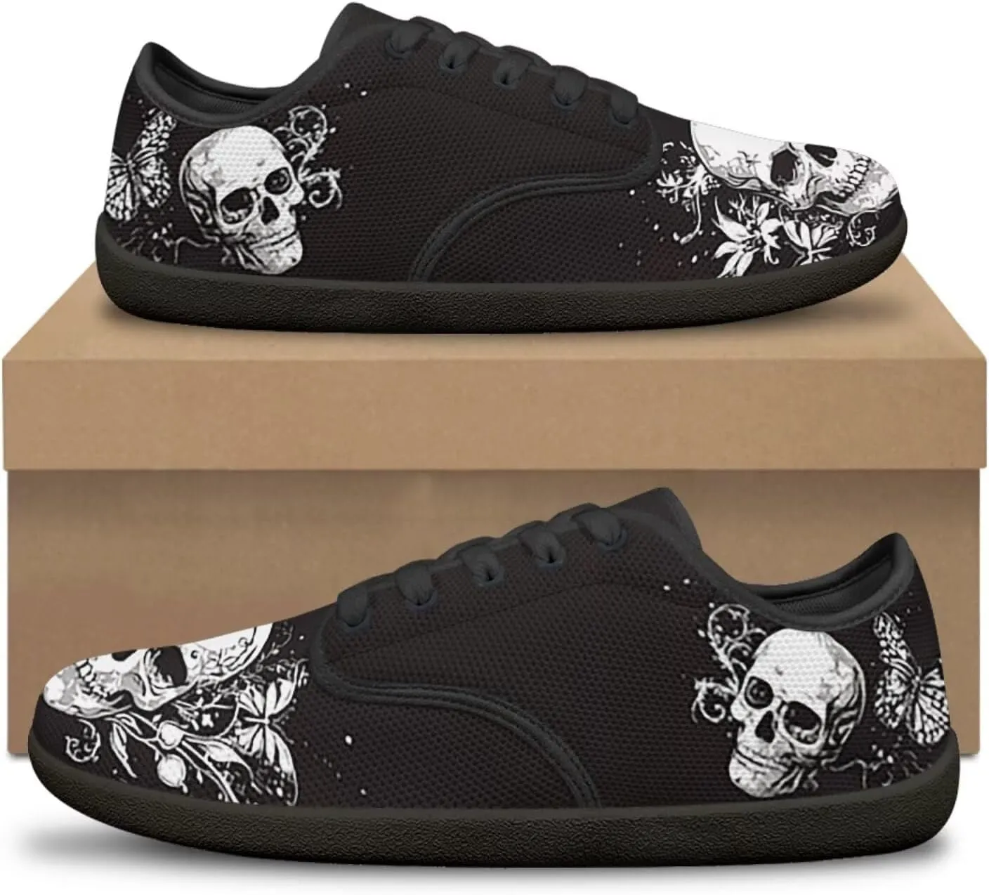 Skull Print Walking Shoes Running Sneakers Fashion Work Flats Lace-Up Driving Loafers for Women