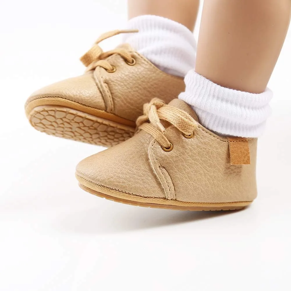SOFMUO Baby Boys Girls Lace Up Leather Sneakers Soft Rubber Sole Infant Moccasins Newborn Oxford Loafers Anti-Slip Toddler Wedding Uniform Dress Shoes