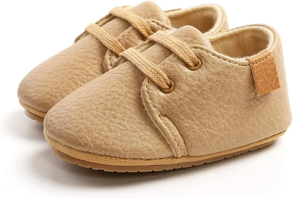SOFMUO Baby Boys Girls Lace Up Leather Sneakers Soft Rubber Sole Infant Moccasins Newborn Oxford Loafers Anti-Slip Toddler Wedding Uniform Dress Shoes