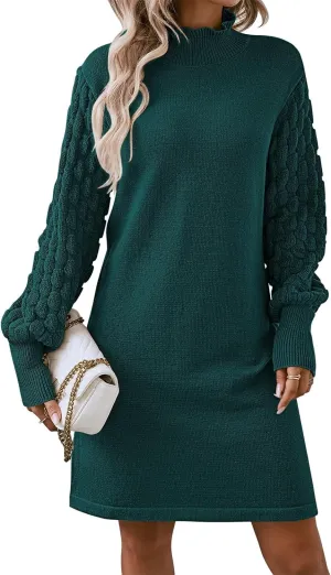 Sovoyontee Women's 2024 Fall Long Sleeve Mock Neck Sweater Dress Casual Loose Ribbed Knit Mini Short Pullover Dresses
