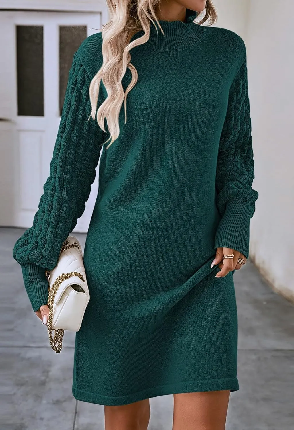 Sovoyontee Women's 2024 Fall Long Sleeve Mock Neck Sweater Dress Casual Loose Ribbed Knit Mini Short Pullover Dresses