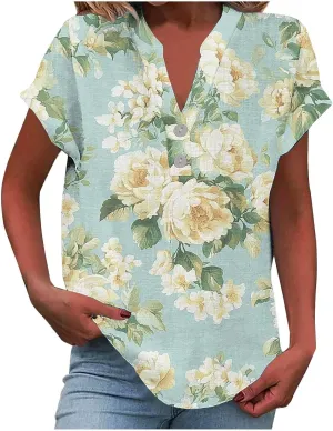 Summer Womens Floral Print Button V-Neck Tunic Tops Roll Up Short Sleeve Work Blouse Casual Loose Boho T-Shirts