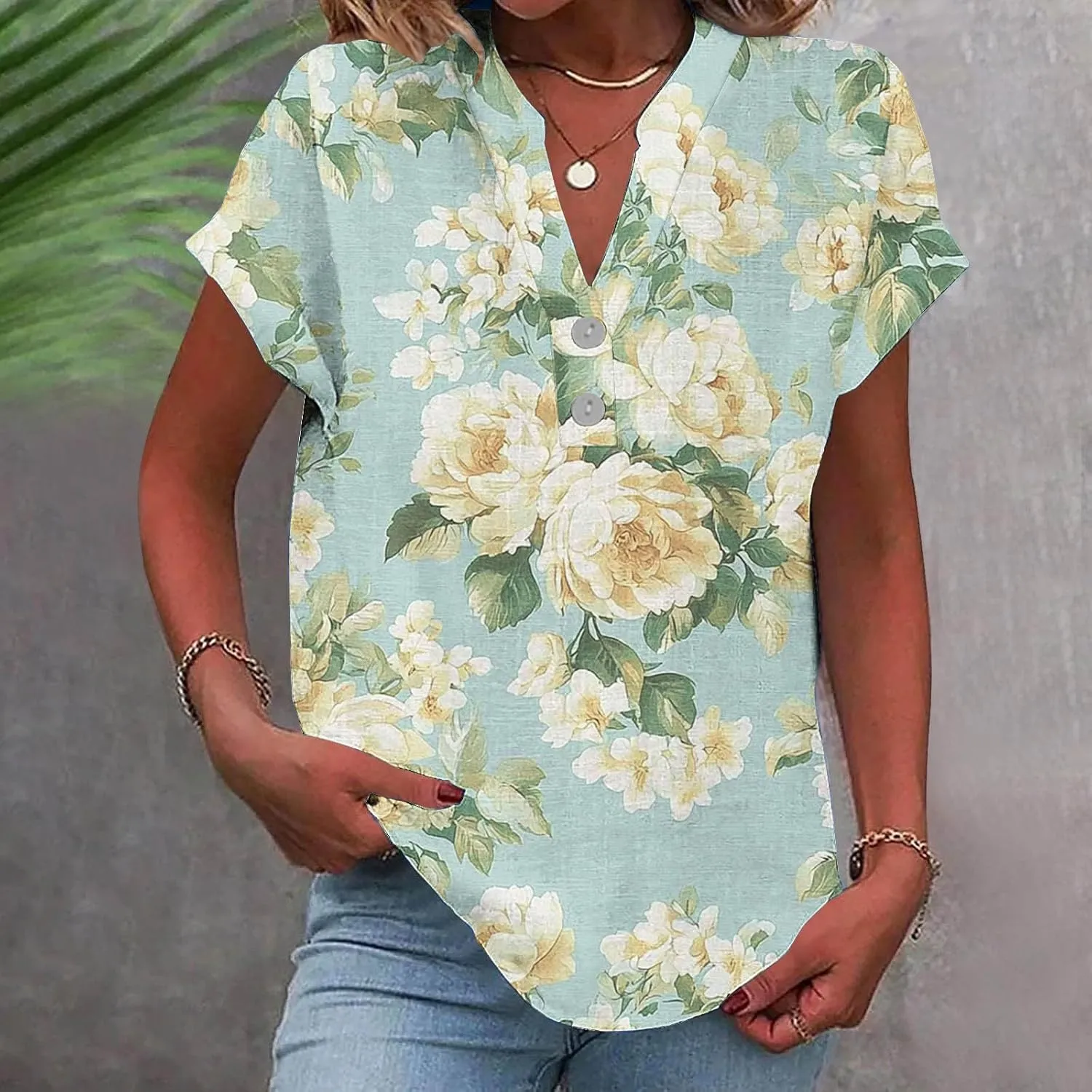 Summer Womens Floral Print Button V-Neck Tunic Tops Roll Up Short Sleeve Work Blouse Casual Loose Boho T-Shirts