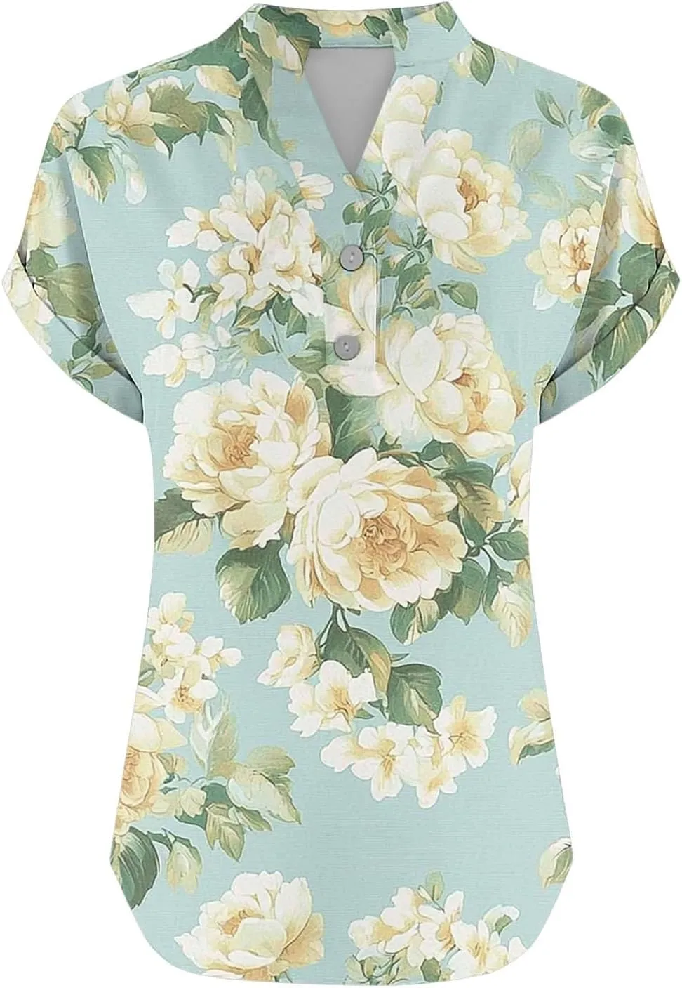 Summer Womens Floral Print Button V-Neck Tunic Tops Roll Up Short Sleeve Work Blouse Casual Loose Boho T-Shirts