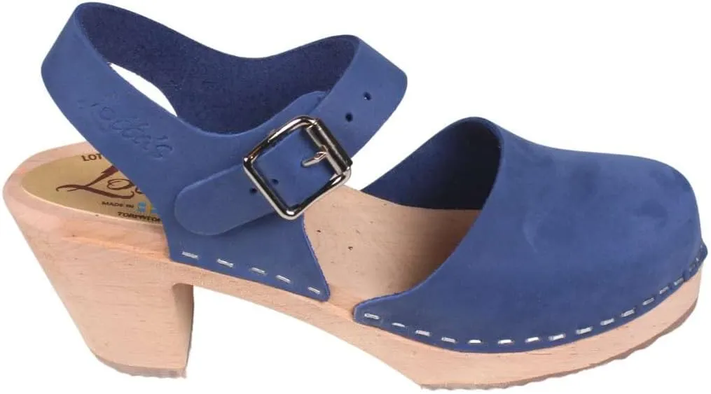 Swedish High Heel Clog Sandal for Women I Mary Jane Style Wooden Clogs Handcrafted in Sweden I Alder Wood Base and Oiled Nubuck Leather | Lazuli Blue