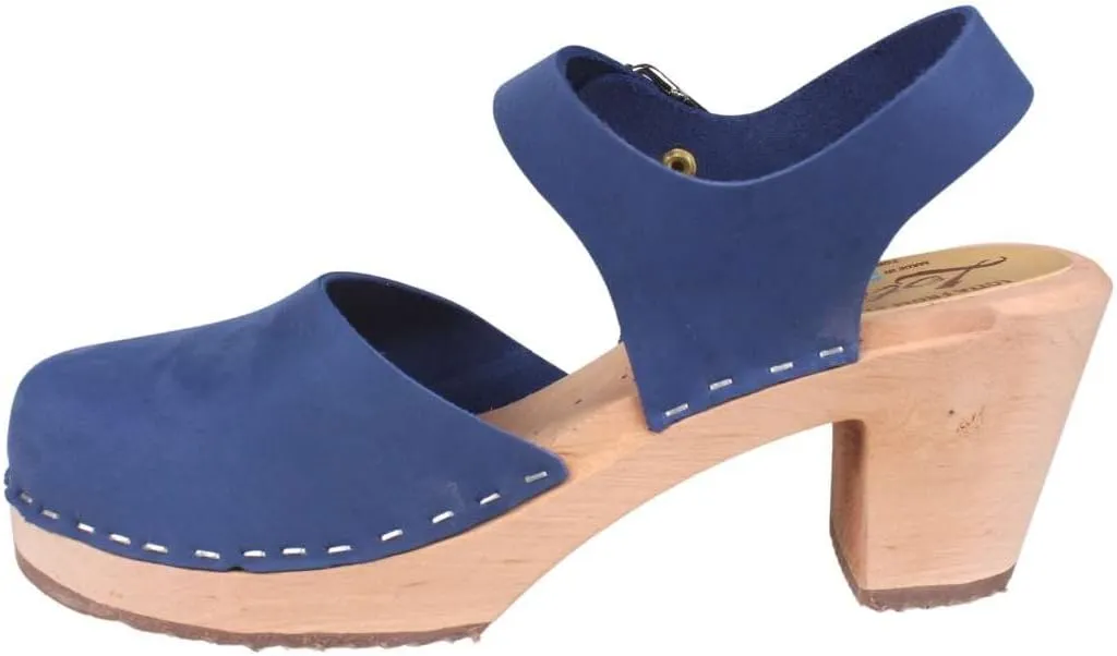 Swedish High Heel Clog Sandal for Women I Mary Jane Style Wooden Clogs Handcrafted in Sweden I Alder Wood Base and Oiled Nubuck Leather | Lazuli Blue