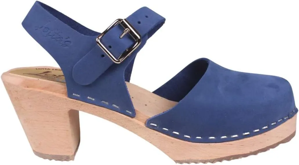 Swedish High Heel Clog Sandal for Women I Mary Jane Style Wooden Clogs Handcrafted in Sweden I Alder Wood Base and Oiled Nubuck Leather | Lazuli Blue
