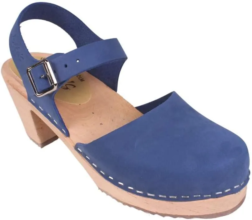 Swedish High Heel Clog Sandal for Women I Mary Jane Style Wooden Clogs Handcrafted in Sweden I Alder Wood Base and Oiled Nubuck Leather | Lazuli Blue