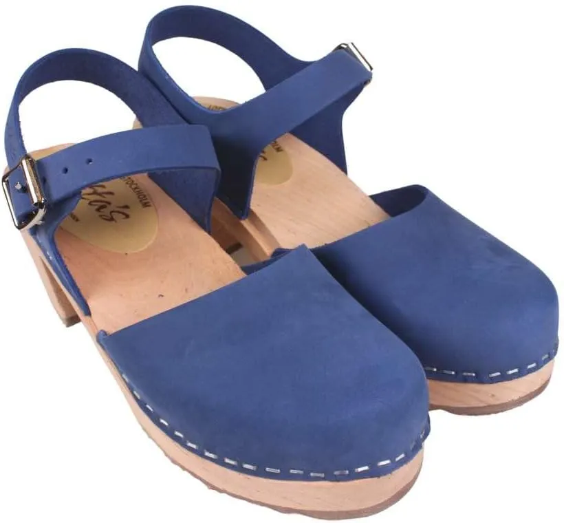 Swedish High Heel Clog Sandal for Women I Mary Jane Style Wooden Clogs Handcrafted in Sweden I Alder Wood Base and Oiled Nubuck Leather | Lazuli Blue