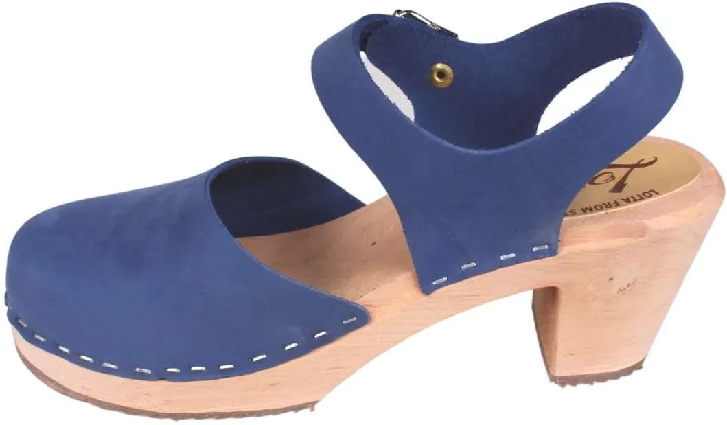 Swedish High Heel Clog Sandal for Women I Mary Jane Style Wooden Clogs Handcrafted in Sweden I Alder Wood Base and Oiled Nubuck Leather | Lazuli Blue