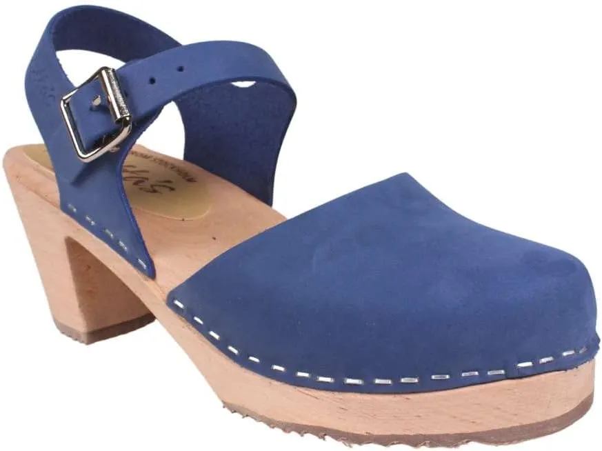 Swedish High Heel Clog Sandal for Women I Mary Jane Style Wooden Clogs Handcrafted in Sweden I Alder Wood Base and Oiled Nubuck Leather | Lazuli Blue