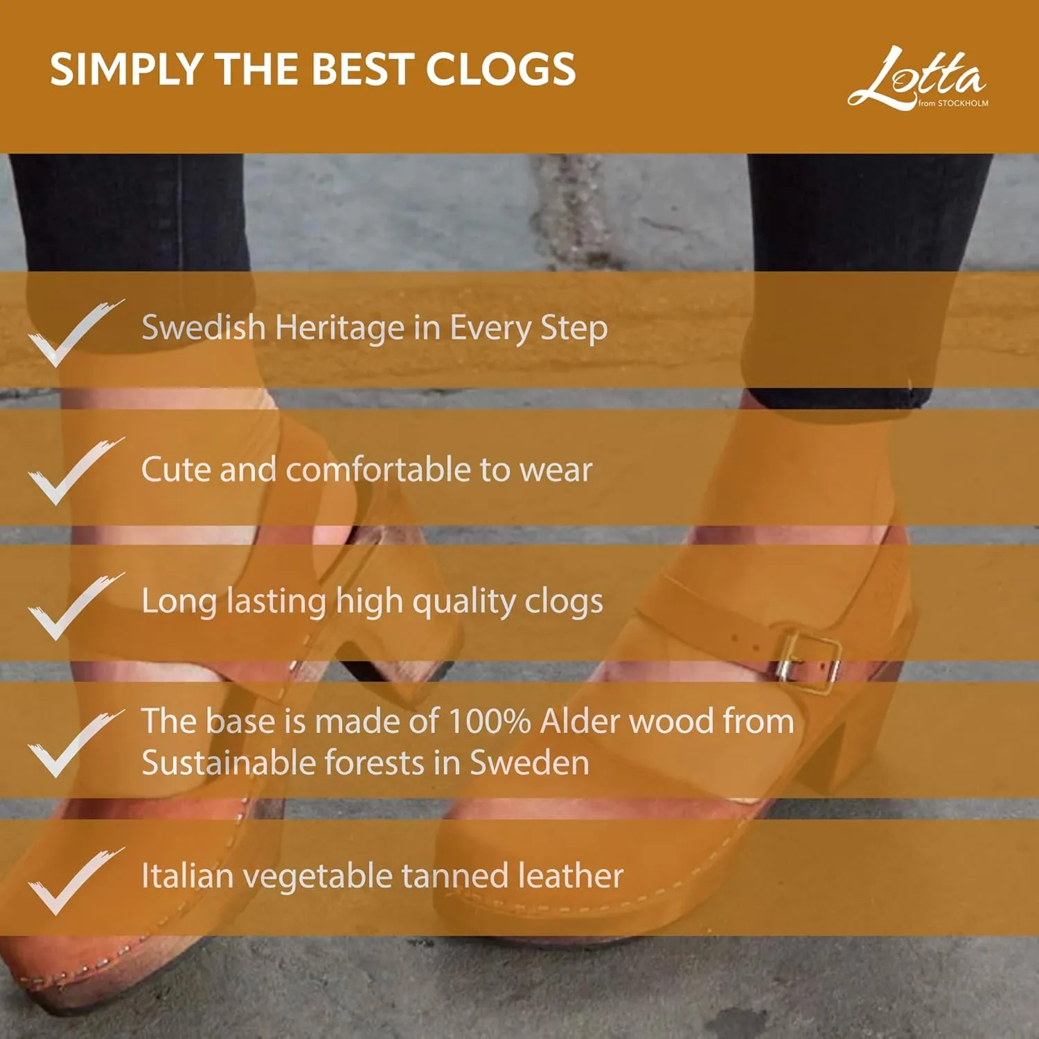 Swedish Highwood Clog Sandal for Women | Mary Jane Style Wooden Clogs Made in Sweden | Brown Alder Wood Base and Oiled Nubuck Leather | Brown