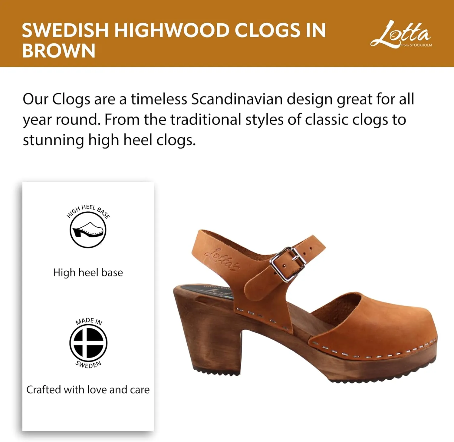 Swedish Highwood Clog Sandal for Women | Mary Jane Style Wooden Clogs Made in Sweden | Brown Alder Wood Base and Oiled Nubuck Leather | Brown