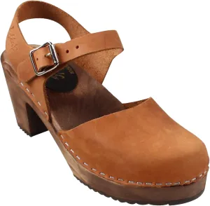 Swedish Highwood Clog Sandal for Women | Mary Jane Style Wooden Clogs Made in Sweden | Brown Alder Wood Base and Oiled Nubuck Leather | Brown