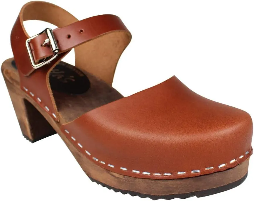Swedish Highwood High Heel Clog Sandal for Women | Mary Jane Style Wooden Clogs Handcrafted in Sweden | Brown Alder Wood Base and Genuine Leather | Cinnamon