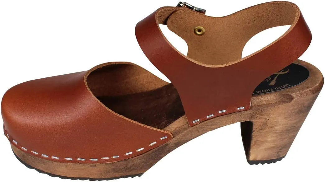 Swedish Highwood High Heel Clog Sandal for Women | Mary Jane Style Wooden Clogs Handcrafted in Sweden | Brown Alder Wood Base and Genuine Leather | Cinnamon