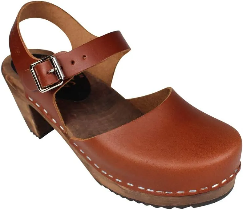 Swedish Highwood High Heel Clog Sandal for Women | Mary Jane Style Wooden Clogs Handcrafted in Sweden | Brown Alder Wood Base and Genuine Leather | Cinnamon