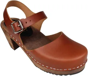Swedish Highwood High Heel Clog Sandal for Women | Mary Jane Style Wooden Clogs Handcrafted in Sweden | Brown Alder Wood Base and Genuine Leather | Cinnamon