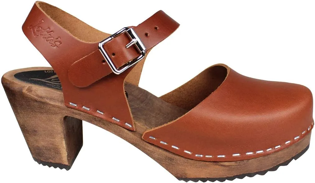 Swedish Highwood High Heel Clog Sandal for Women | Mary Jane Style Wooden Clogs Handcrafted in Sweden | Brown Alder Wood Base and Genuine Leather | Cinnamon