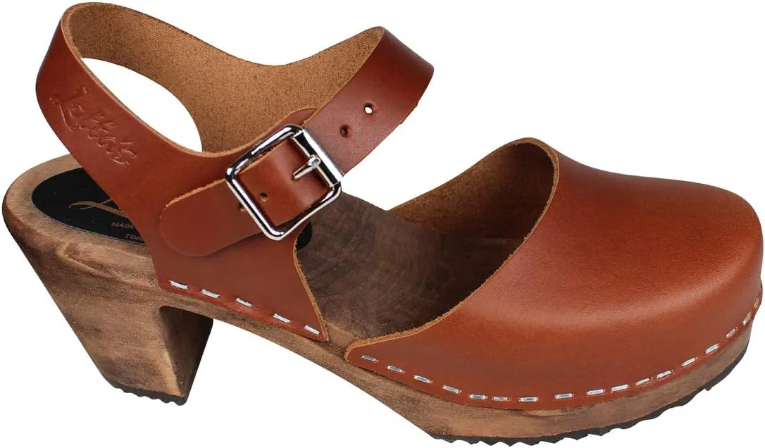 Swedish Highwood High Heel Clog Sandal for Women | Mary Jane Style Wooden Clogs Handcrafted in Sweden | Brown Alder Wood Base and Genuine Leather | Cinnamon