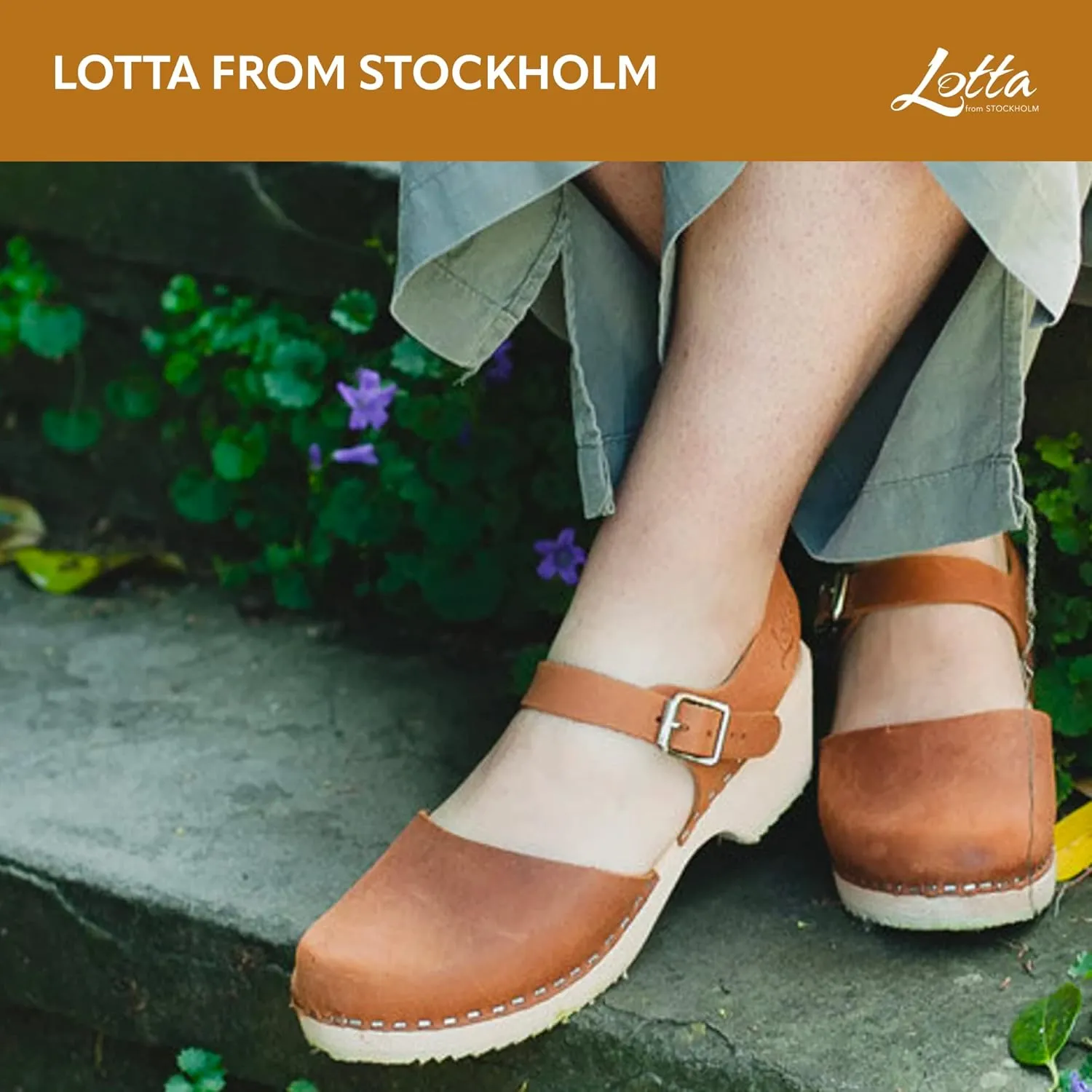 Swedish Low Wood Clog Sandal for Women | Low Heel Mary Jane Style Wooden Clogs Handcrafted in Sweden | Alder Wood Base and Oiled Nubuck Leather | Brown