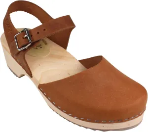Swedish Low Wood Clog Sandal for Women | Low Heel Mary Jane Style Wooden Clogs Handcrafted in Sweden | Alder Wood Base and Oiled Nubuck Leather | Brown