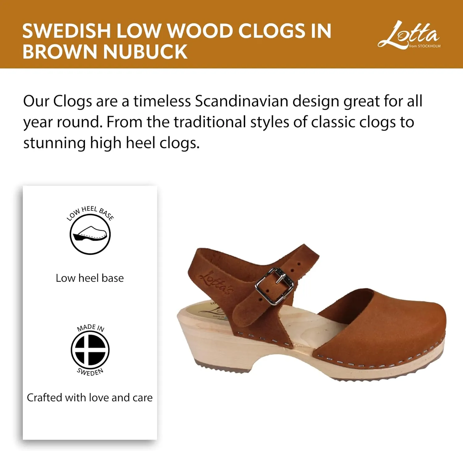 Swedish Low Wood Clog Sandal for Women | Low Heel Mary Jane Style Wooden Clogs Handcrafted in Sweden | Alder Wood Base and Oiled Nubuck Leather | Brown