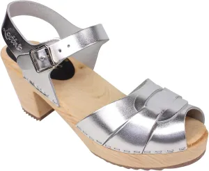 Swedish Peep Toe Clog Sandal for Women | Comfortable and Stylish High Heel Open Toe Wooden Clog Handcrafted in Sweden | Alder Wood Base and PU Coated Leather | Silver