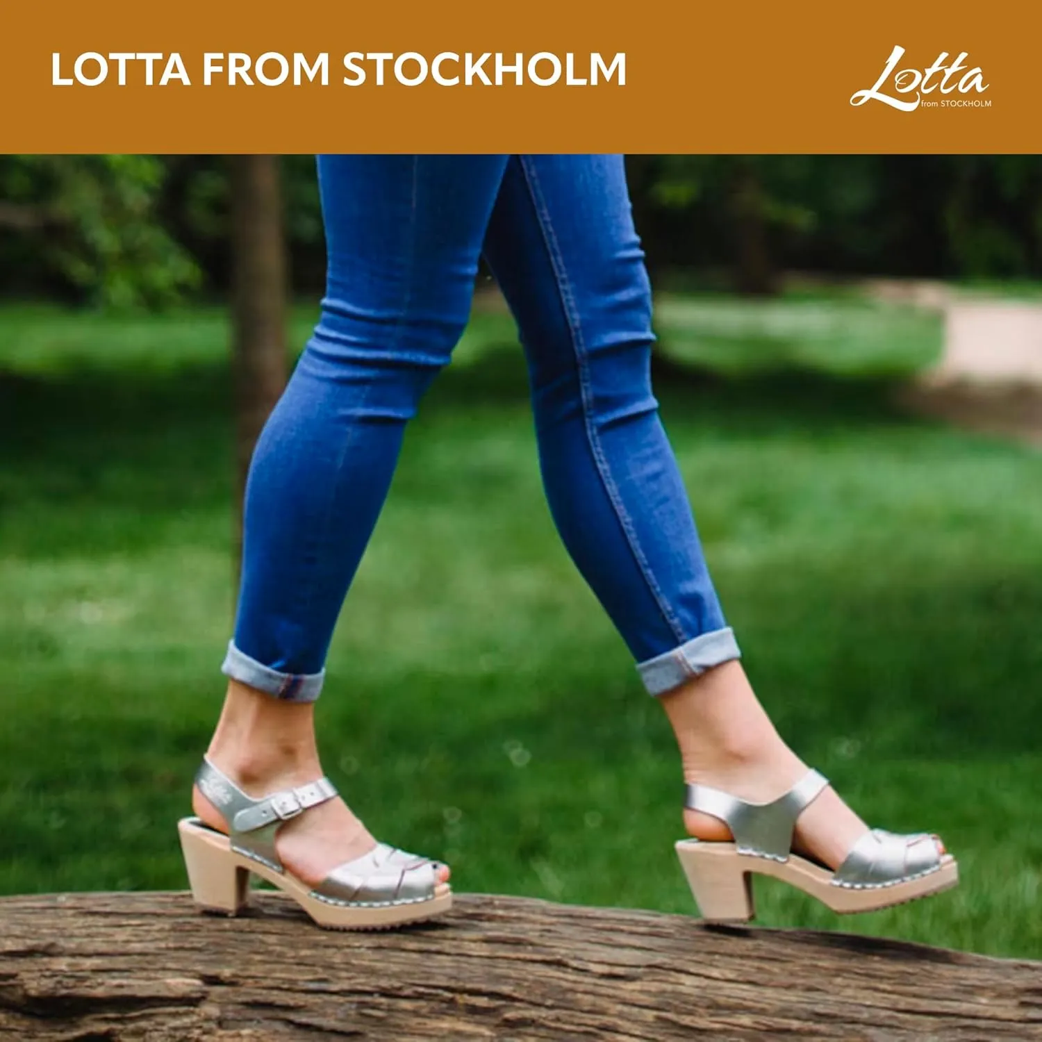 Swedish Peep Toe Clog Sandal for Women | Comfortable and Stylish High Heel Open Toe Wooden Clog Handcrafted in Sweden | Alder Wood Base and PU Coated Leather | Silver