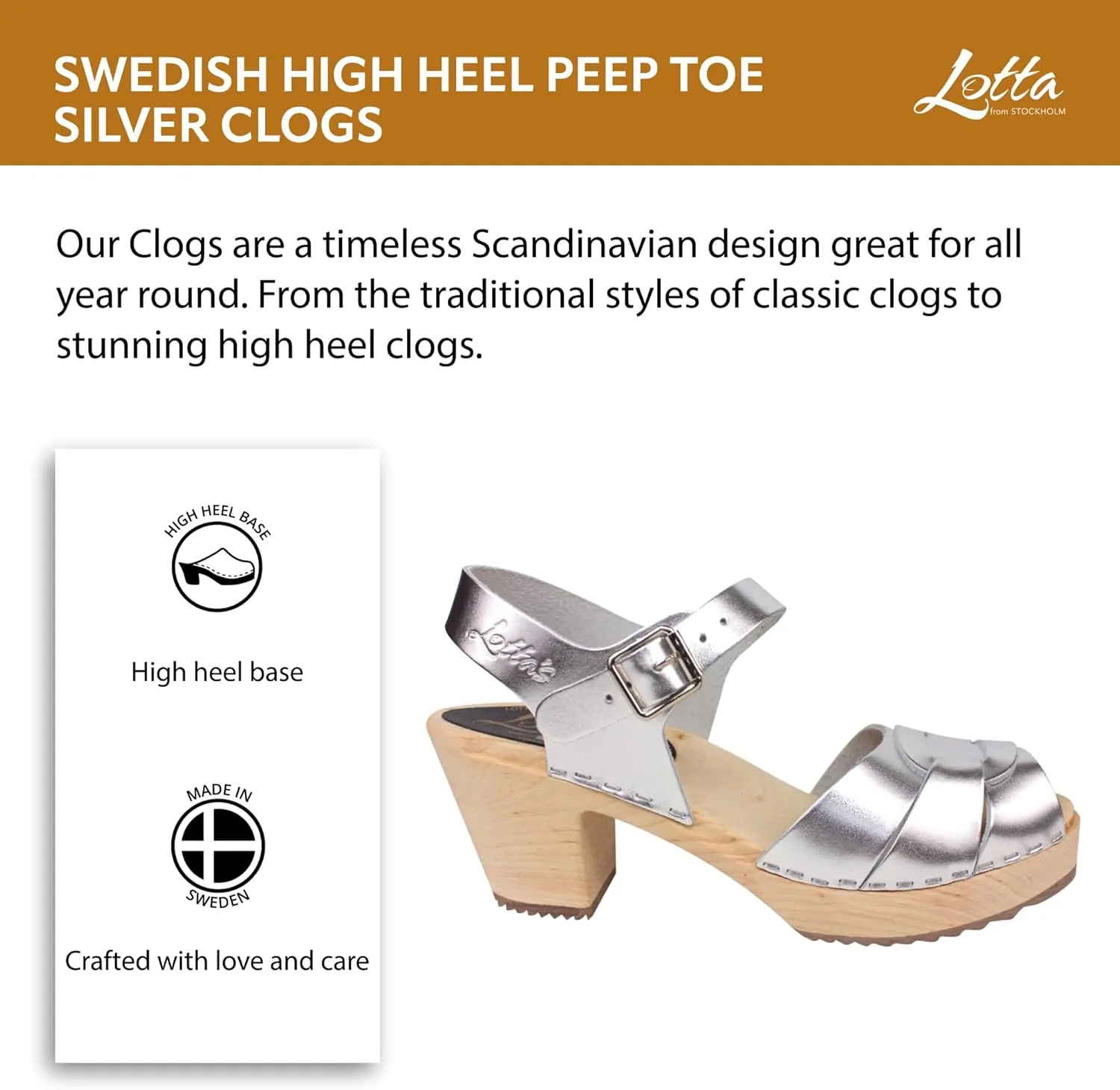 Swedish Peep Toe Clog Sandal for Women | Comfortable and Stylish High Heel Open Toe Wooden Clog Handcrafted in Sweden | Alder Wood Base and PU Coated Leather | Silver