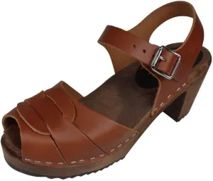 Swedish Peep Toe Clog Sandal for Women | Comfortable and Stylish High Heel Open Toe Wooden Clog Handcrafted in Sweden | Brown Alder Wood Base and Real Leather | Cinnamon