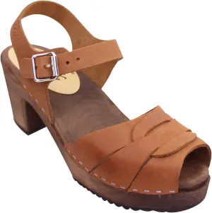 Swedish Peep Toe Clog Sandal for Women | High Heel Open Toe Wooden Clogs Handcrafted in Sweden | Brown Alder Wood Base and Oiled Nubuck Leather | Brown