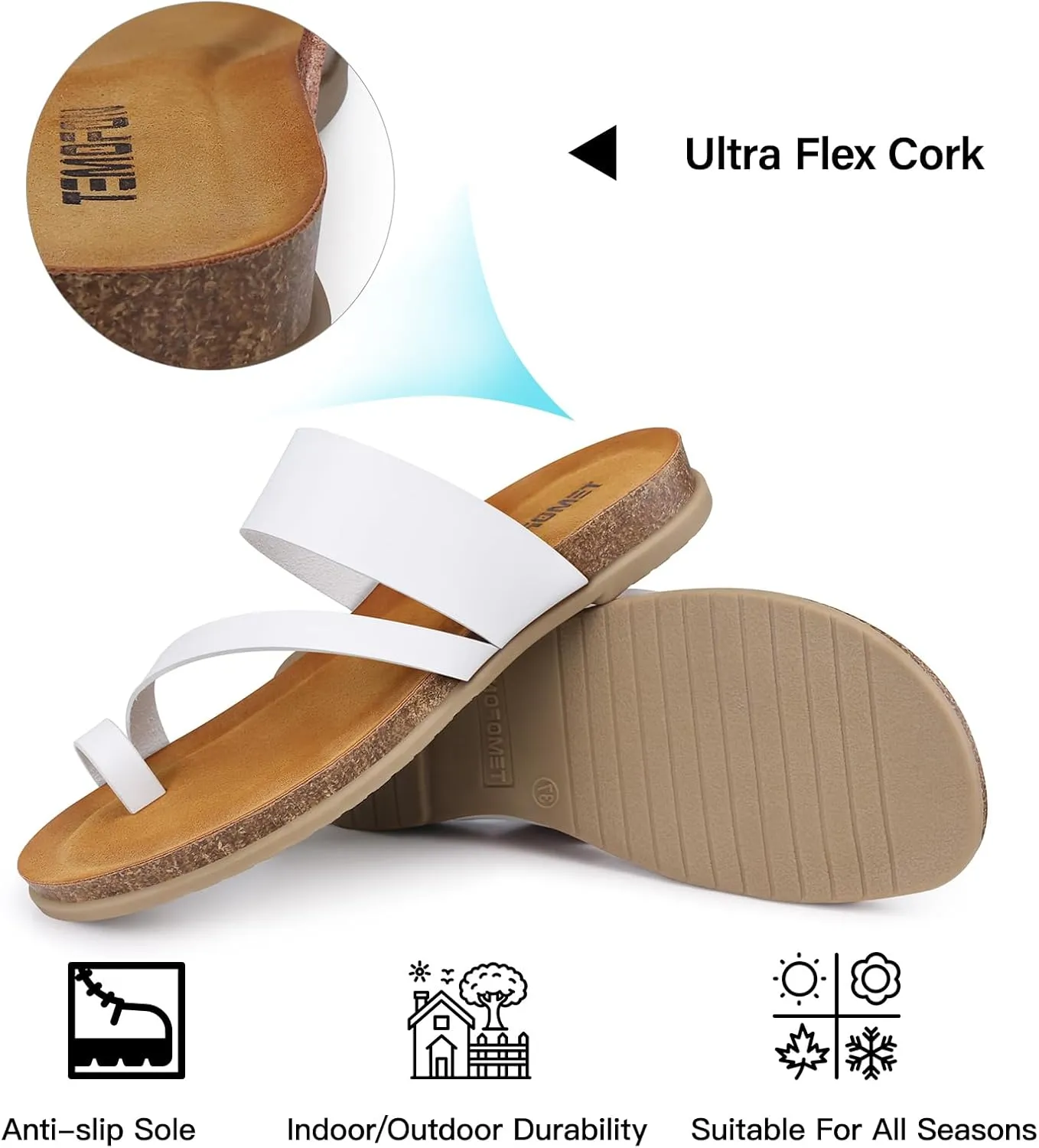 TEMOFON Women Summer Flip Flops: Genuine Leather Sandals, Cork Footbed, Comfortable Arch Support, Black/White/Brown/Nude Thong Sandals Size 5-11