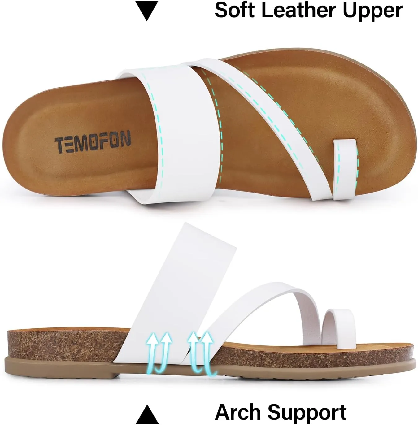 TEMOFON Women Summer Flip Flops: Genuine Leather Sandals, Cork Footbed, Comfortable Arch Support, Black/White/Brown/Nude Thong Sandals Size 5-11