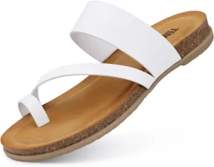 TEMOFON Women Summer Flip Flops: Genuine Leather Sandals, Cork Footbed, Comfortable Arch Support, Black/White/Brown/Nude Thong Sandals Size 5-11