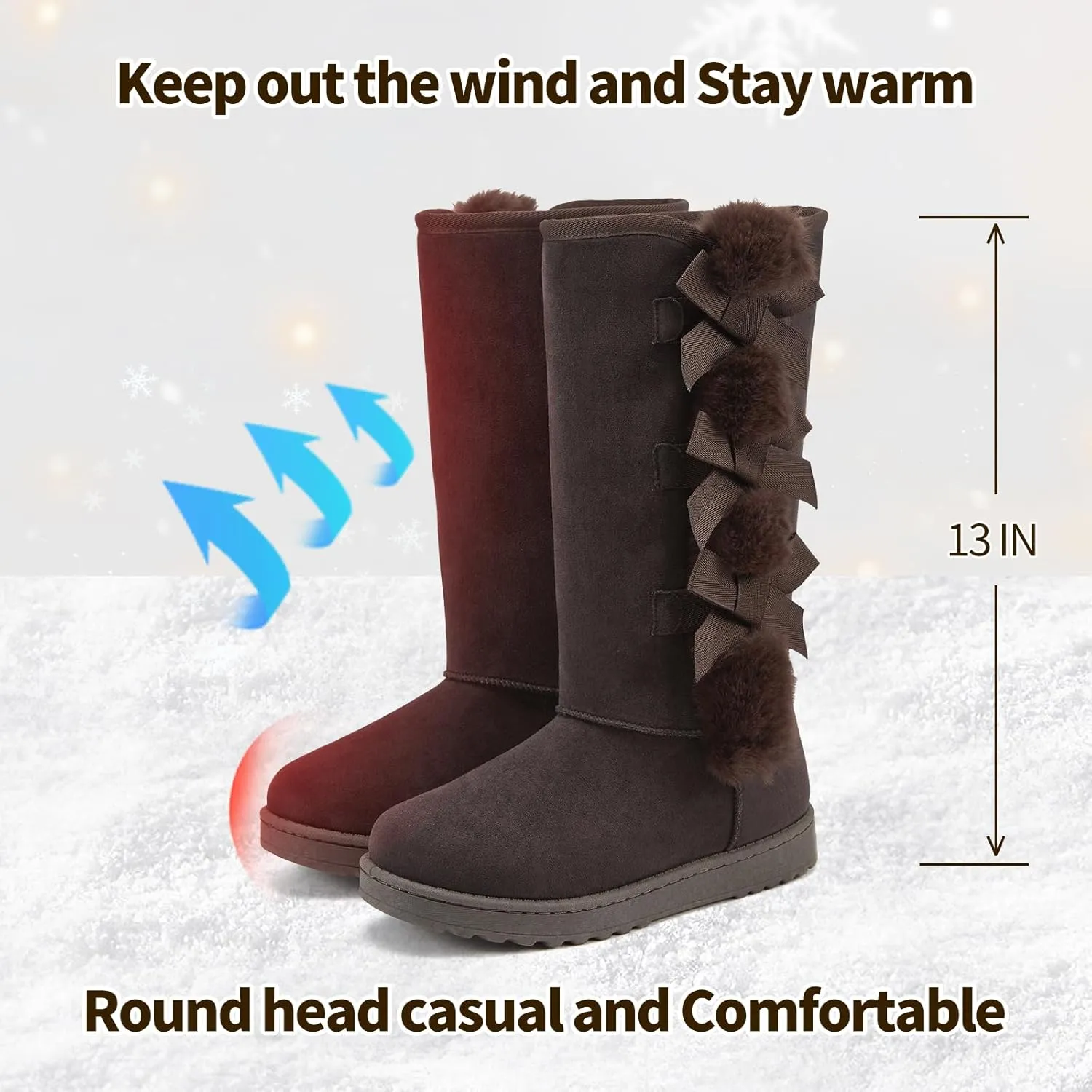 THATXUAOV Womens winter boots,Black fuzzy Mid-Calf Boots,fashion Warm casual outdoor snow boots for women