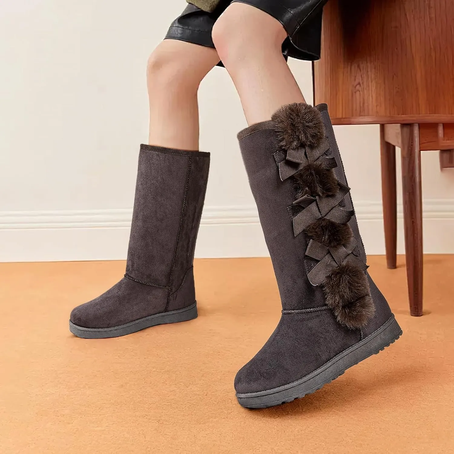 THATXUAOV Womens winter boots,Black fuzzy Mid-Calf Boots,fashion Warm casual outdoor snow boots for women
