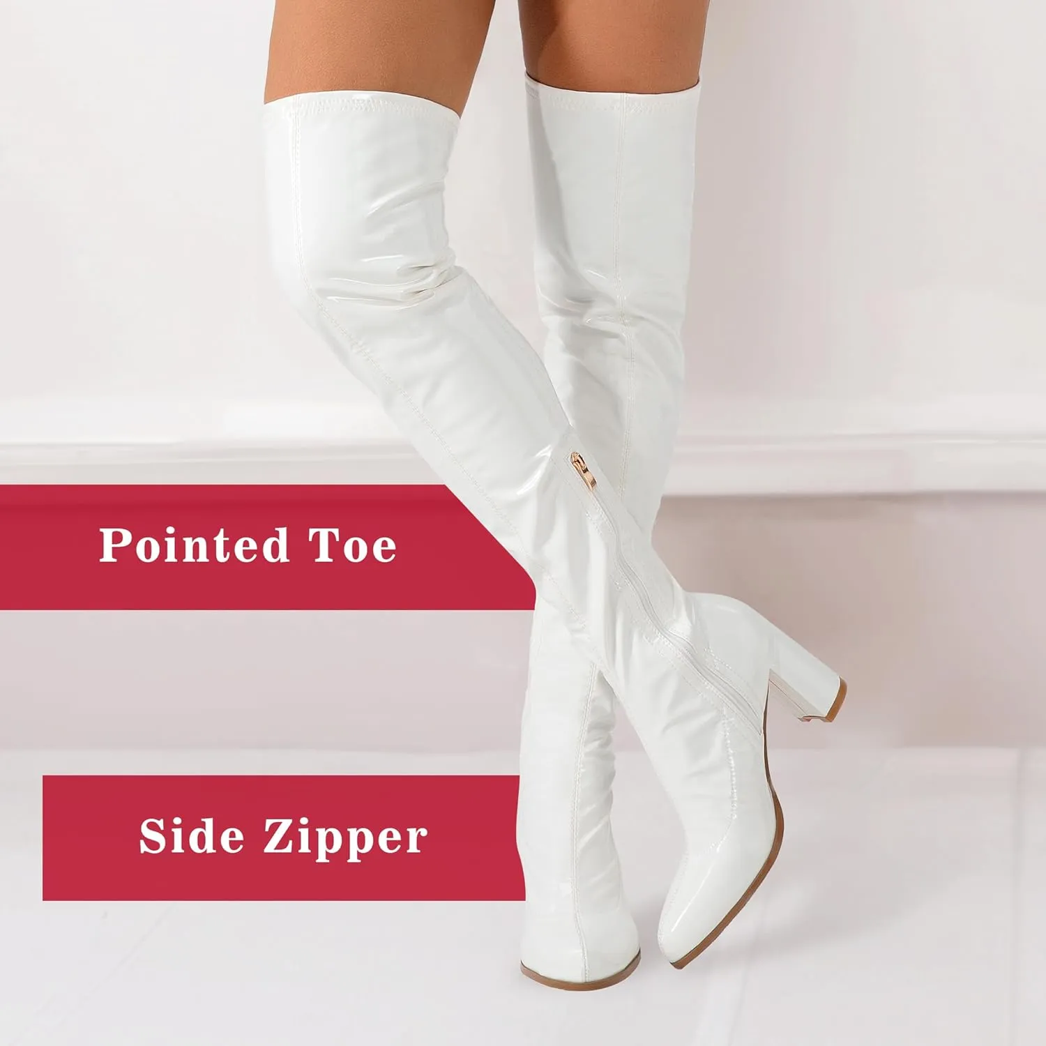 Thigh High Boots for Women Sexy Pointed Toe Over The Knee Boots Cosplay Dance Party Patent Leather Chunky Heels GOGO Knee High Boots