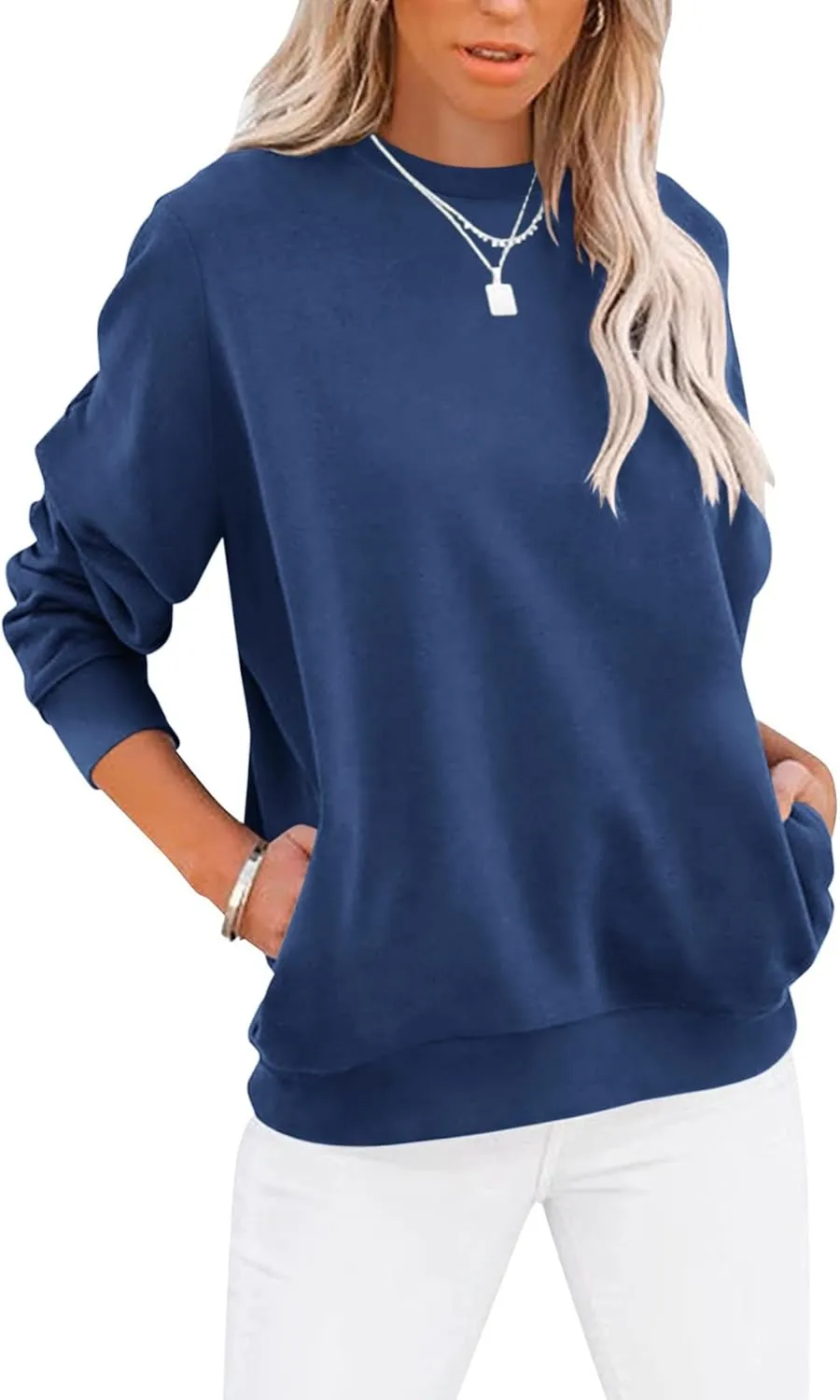TICTICMIMI Women's Casual Long Sleeve Color Block/Solid Tops Crewneck Sweatshirts Cute Loose Fit Pullover with Pockets