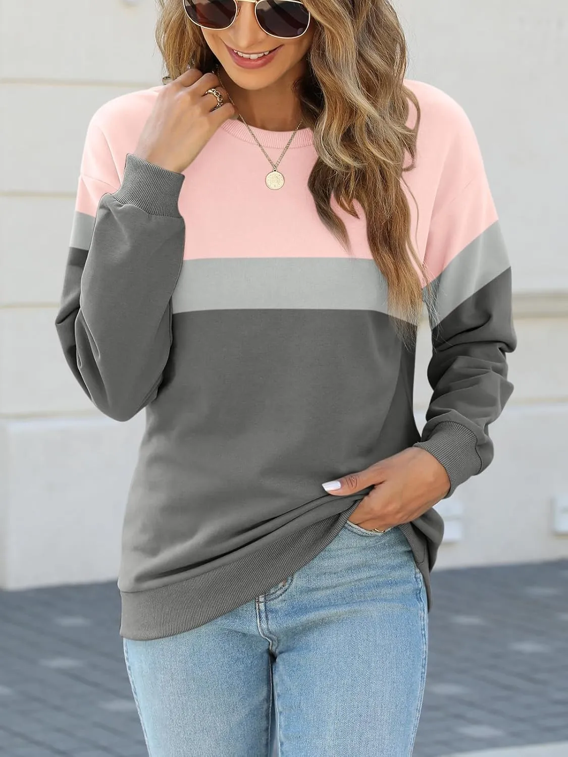 TICTICMIMI Women's Long Sleeve Tops Casual Color Block/Solid Cute Crewneck Sweatshirts Pullover Fall Shirts