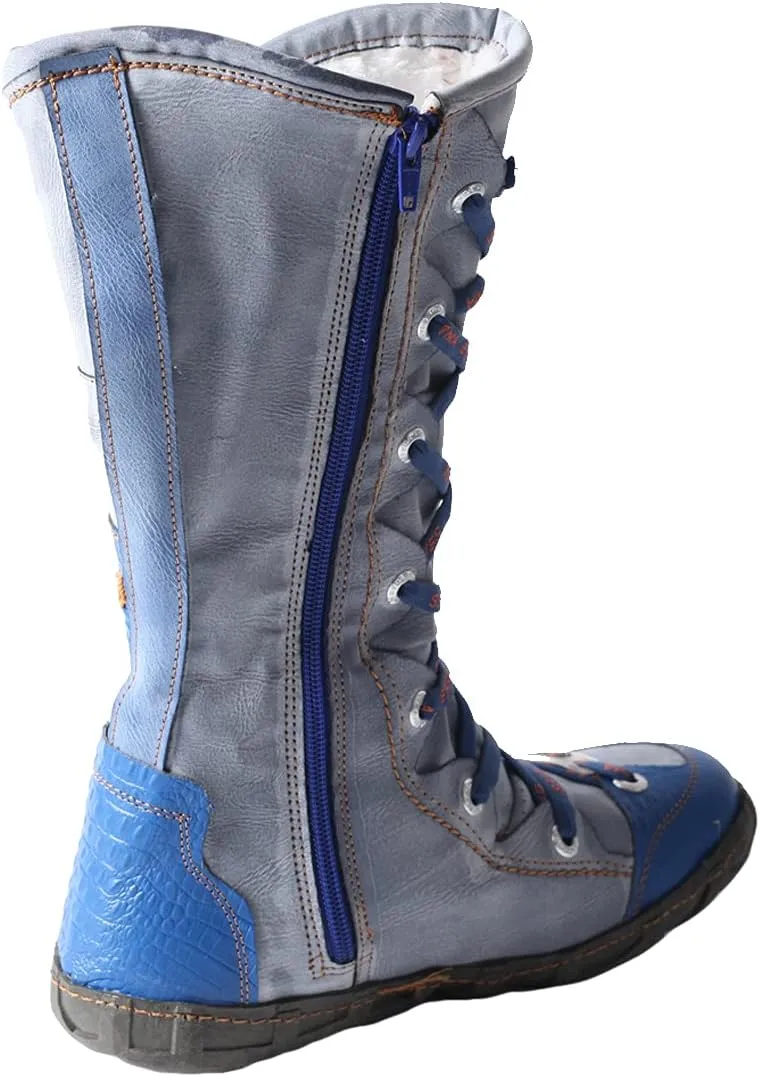 TMA EYES Long Washed Contrast-Stitch Lace Eyes Side Zipper Women's Boots