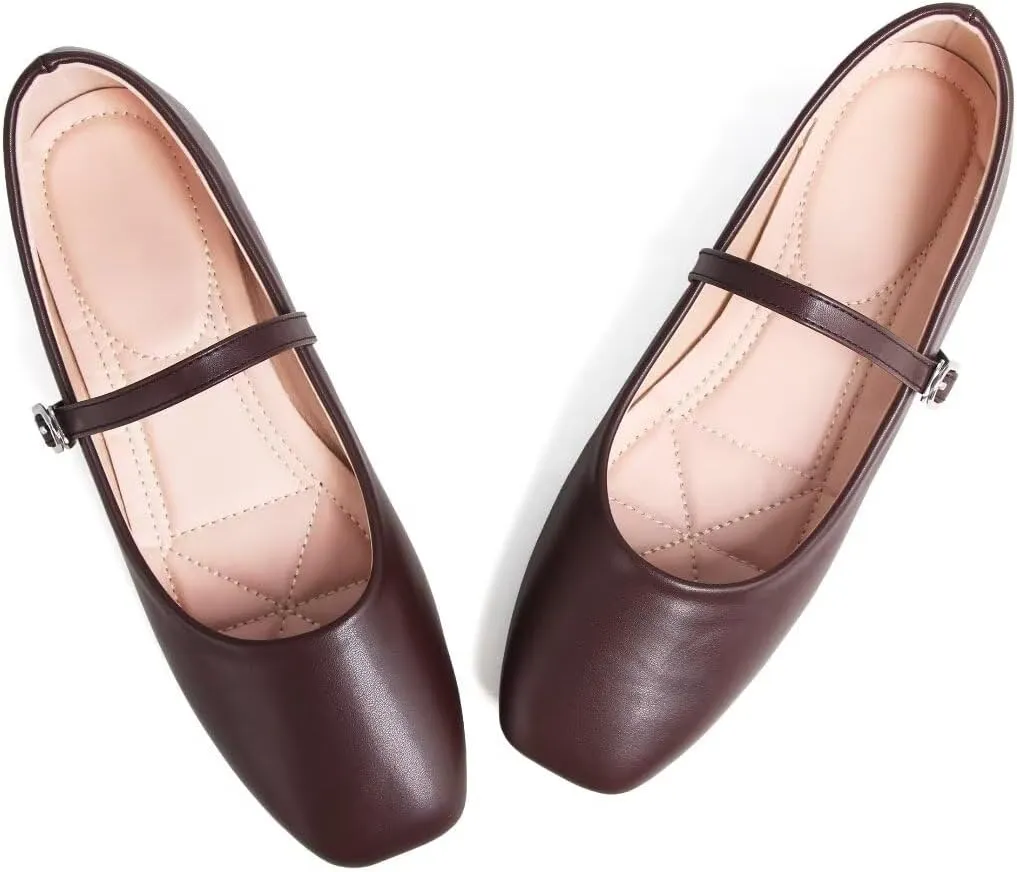 TN TANGNEST Leather Flats for Women Comfortable Square Toe Slip On Flats Soft Work Flats Retro Mary Jane Flats