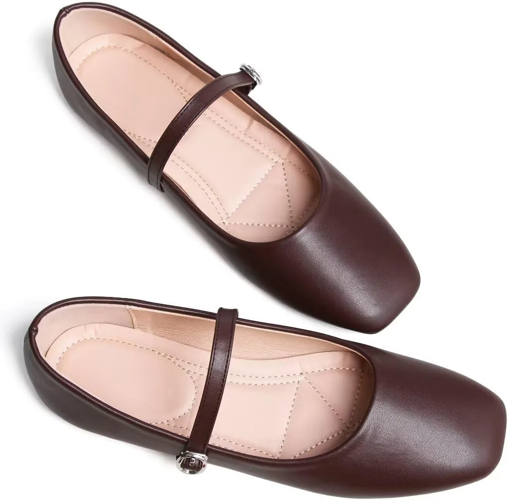 TN TANGNEST Leather Flats for Women Comfortable Square Toe Slip On Flats Soft Work Flats Retro Mary Jane Flats