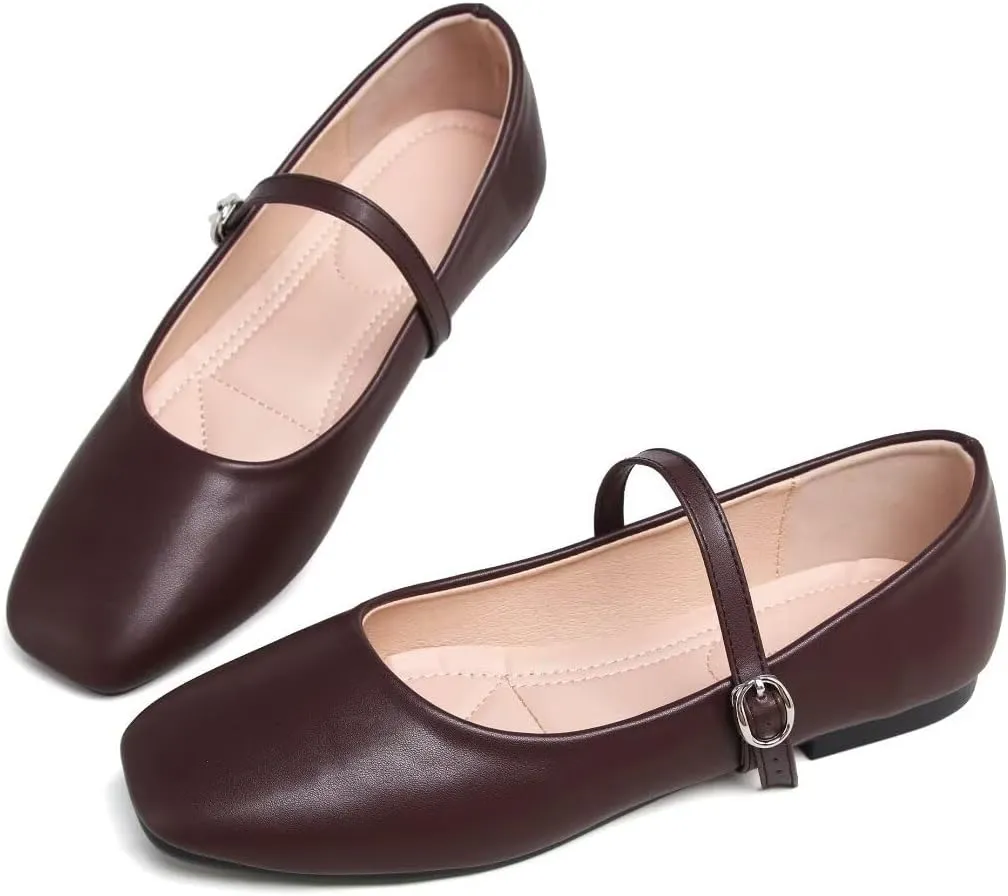 TN TANGNEST Leather Flats for Women Comfortable Square Toe Slip On Flats Soft Work Flats Retro Mary Jane Flats