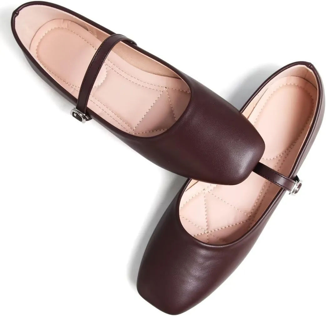 TN TANGNEST Leather Flats for Women Comfortable Square Toe Slip On Flats Soft Work Flats Retro Mary Jane Flats