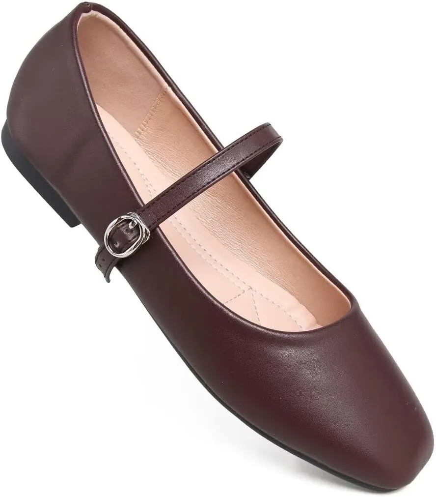 TN TANGNEST Leather Flats for Women Comfortable Square Toe Slip On Flats Soft Work Flats Retro Mary Jane Flats