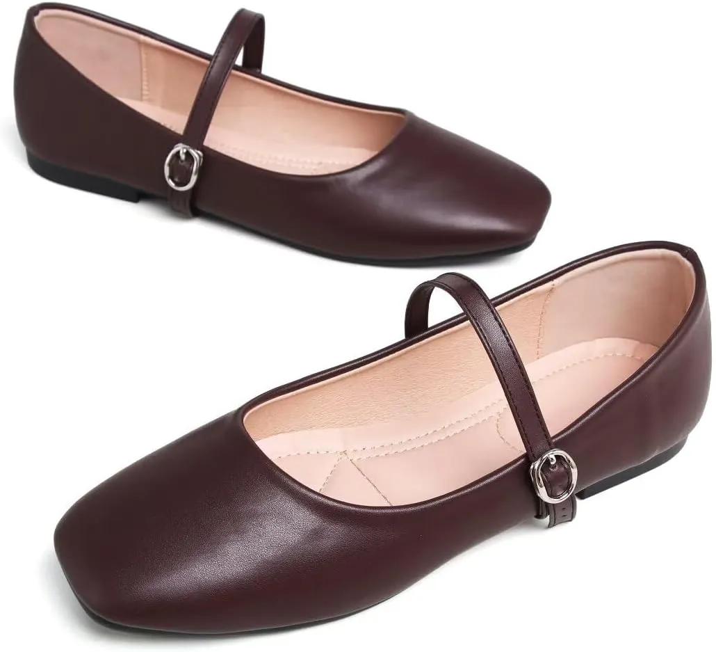 TN TANGNEST Leather Flats for Women Comfortable Square Toe Slip On Flats Soft Work Flats Retro Mary Jane Flats
